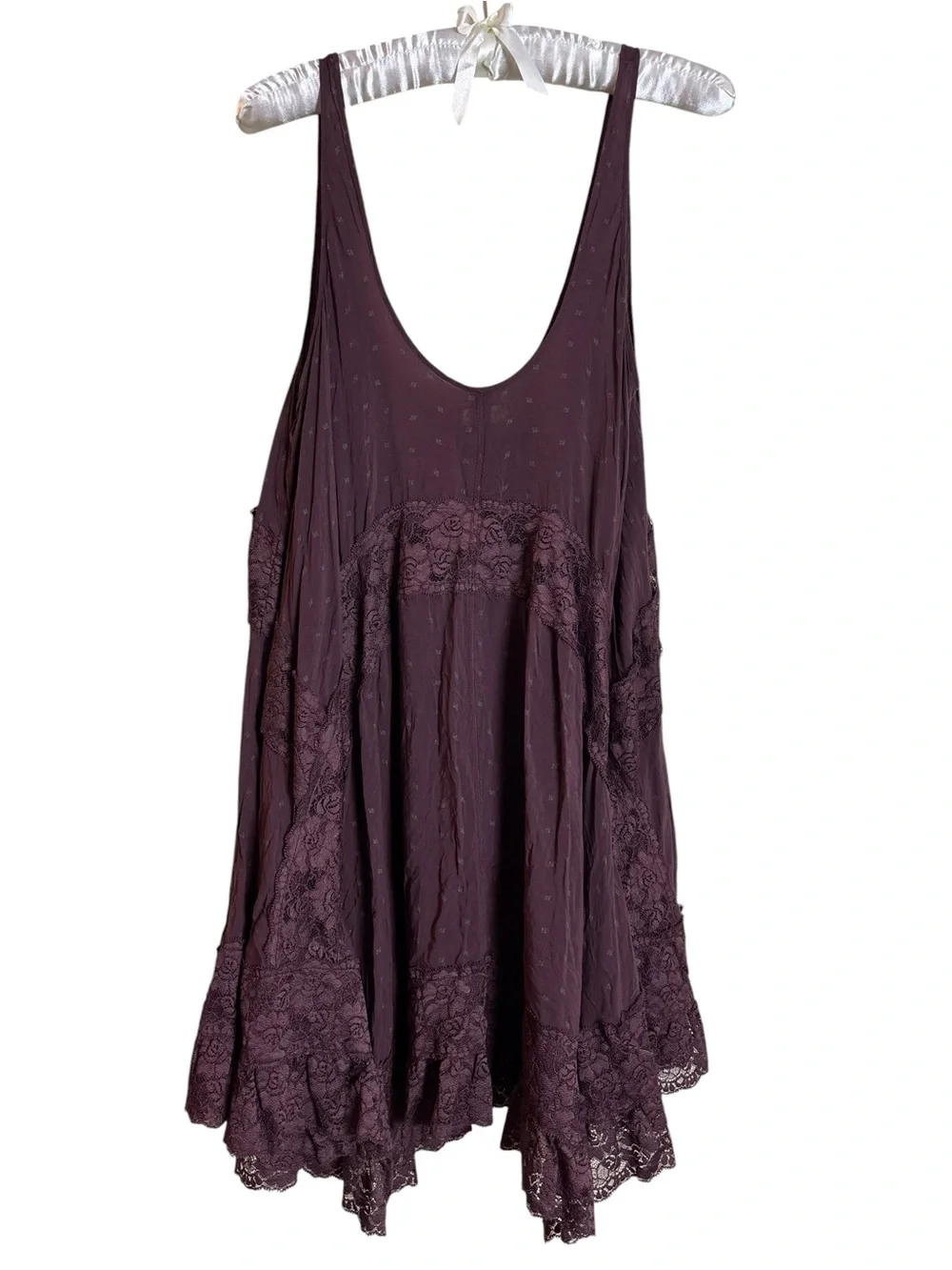 RARE Free People She Swings Slip Lace Mini Dress Medium Burgundy Brown Bohemian